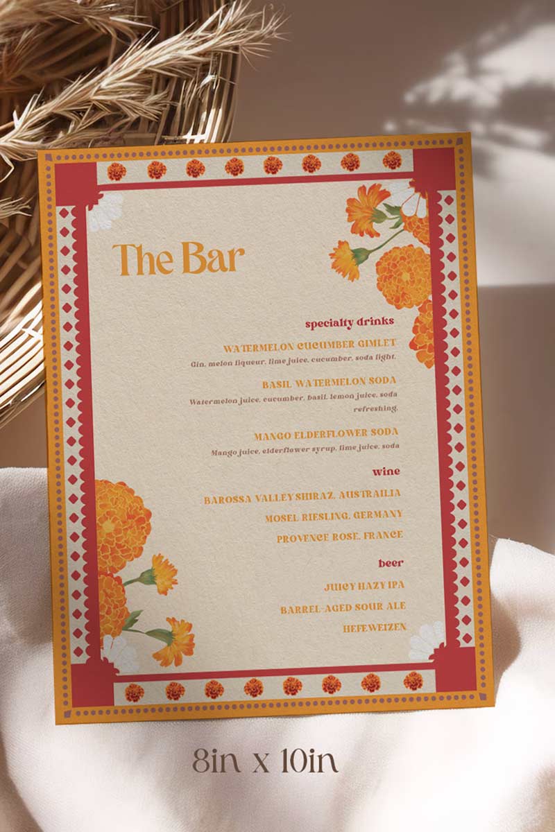 Retro Wedding Bar Menu with yellow & orange marigold florals. Indian Wedding events for Sangeet, Haldi, Maiyan or Jago. Wedding Signage. Personalize and customize in Canva. Digital Download.  Print around the world at a local print shop.