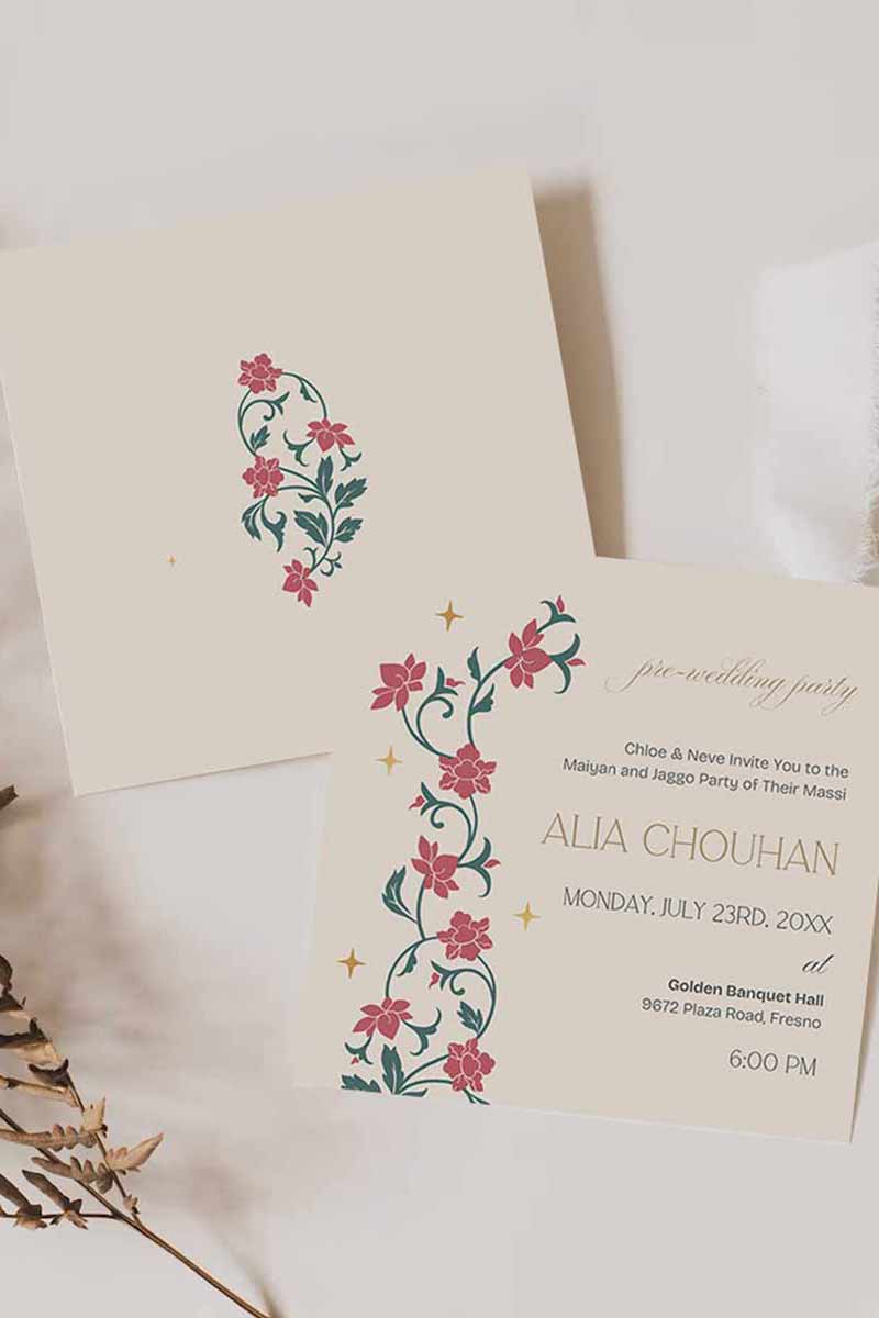 Floral Wedding Invitation Set in the shades of pink, green, and beige. With orange marigold floral. Arched Design. Indian Wedding Invitation Set. Personalize and customize in Canva. Print at any local printer around the World. Florals & Birds