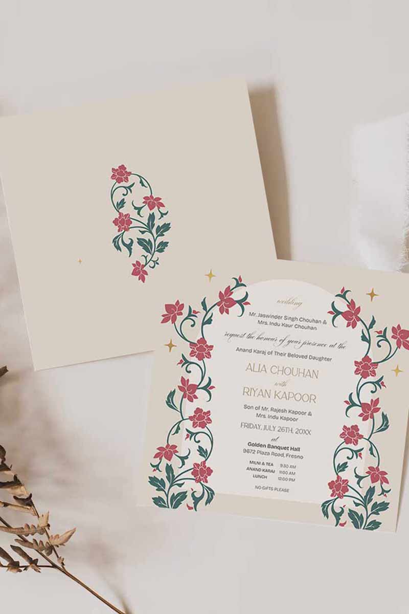 Floral Wedding Invitation Set in the shades of pink, green, and beige. With orange marigold floral. Arched Design. Indian Wedding Invitation Set. Personalize and customize in Canva. Print at any local printer around the World. Florals & Birds