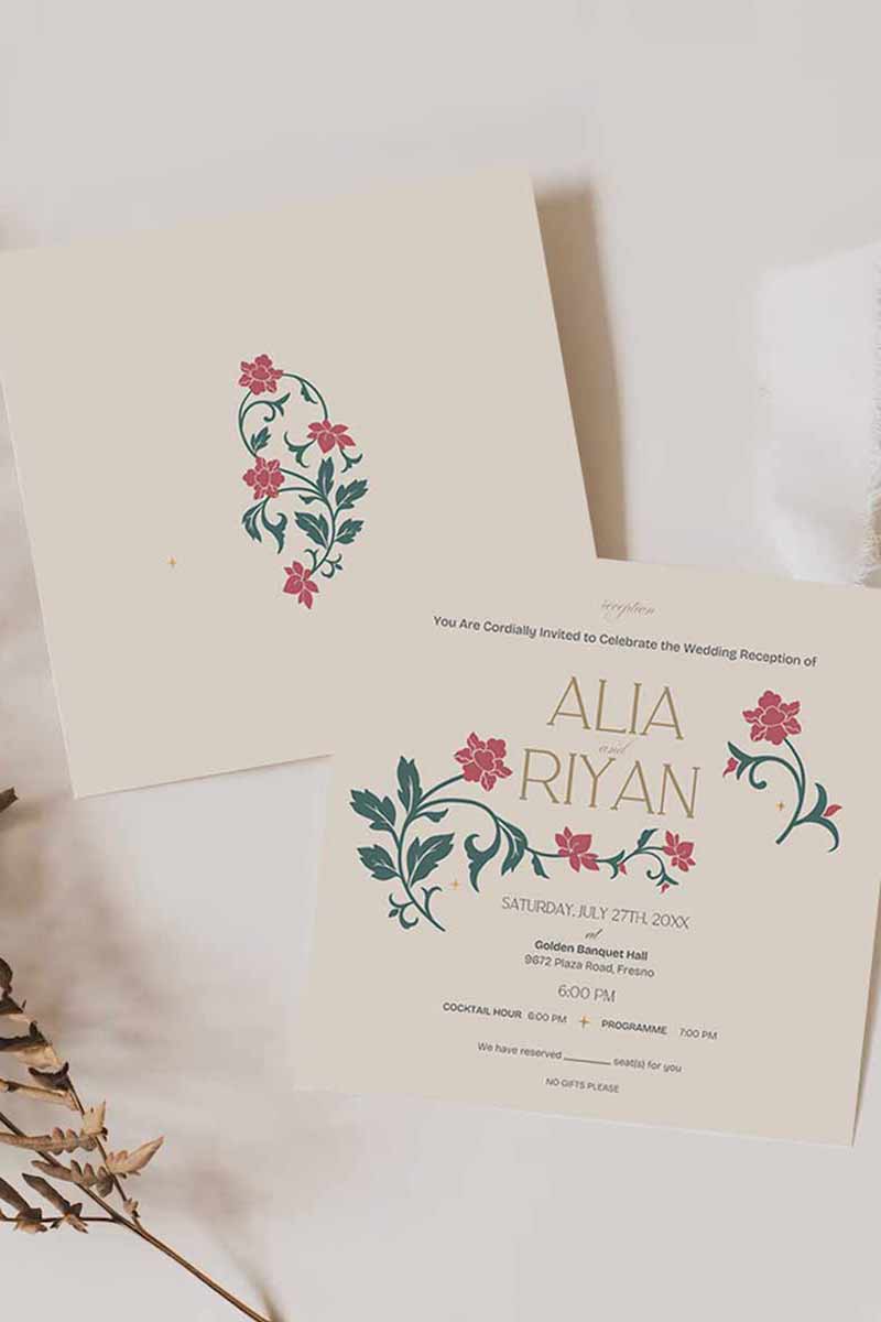 Floral Wedding Invitation Set in the shades of pink, green, and beige. With orange marigold floral. Arched Design. Indian Wedding Invitation Set. Personalize and customize in Canva. Print at any local printer around the World. Florals & Birds