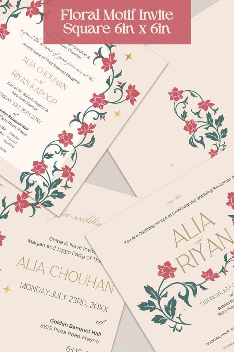 Floral Wedding Invitation Set in the shades of pink, green, and beige. With orange marigold floral. Arched Design. Indian Wedding Invitation Set. Personalize and customize in Canva. Print at any local printer around the World. Florals & Birds