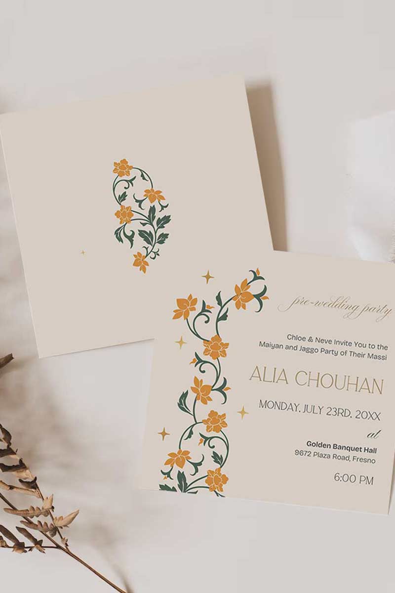 Floral Wedding Invitation Set in the shades of yellow, green, and beige. With orange marigold floral. Arched Design. Indian Wedding Invitation Set. Personalize and customize in Canva. Print at any local printer around the World. Florals & Birds