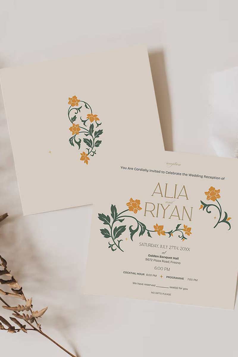 Floral Wedding Invitation Set in the shades of yellow, green, and beige. With orange marigold floral. Arched Design. Indian Wedding Invitation Set. Personalize and customize in Canva. Print at any local printer around the World. Florals & Birds