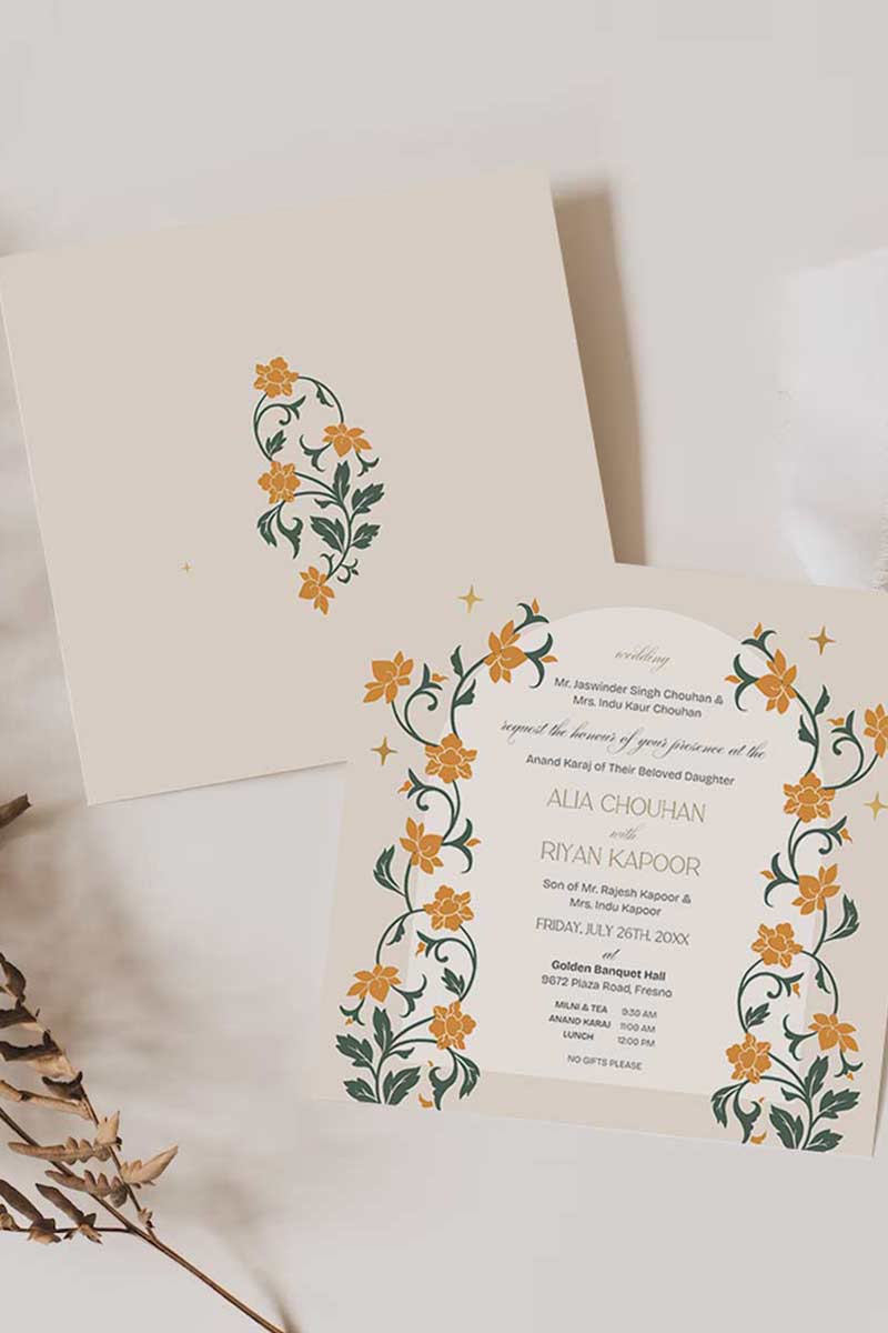 Floral Wedding Invitation Set in the shades of yellow, green, and beige. With orange marigold floral. Arched Design. Indian Wedding Invitation Set. Personalize and customize in Canva. Print at any local printer around the World. Florals & Birds