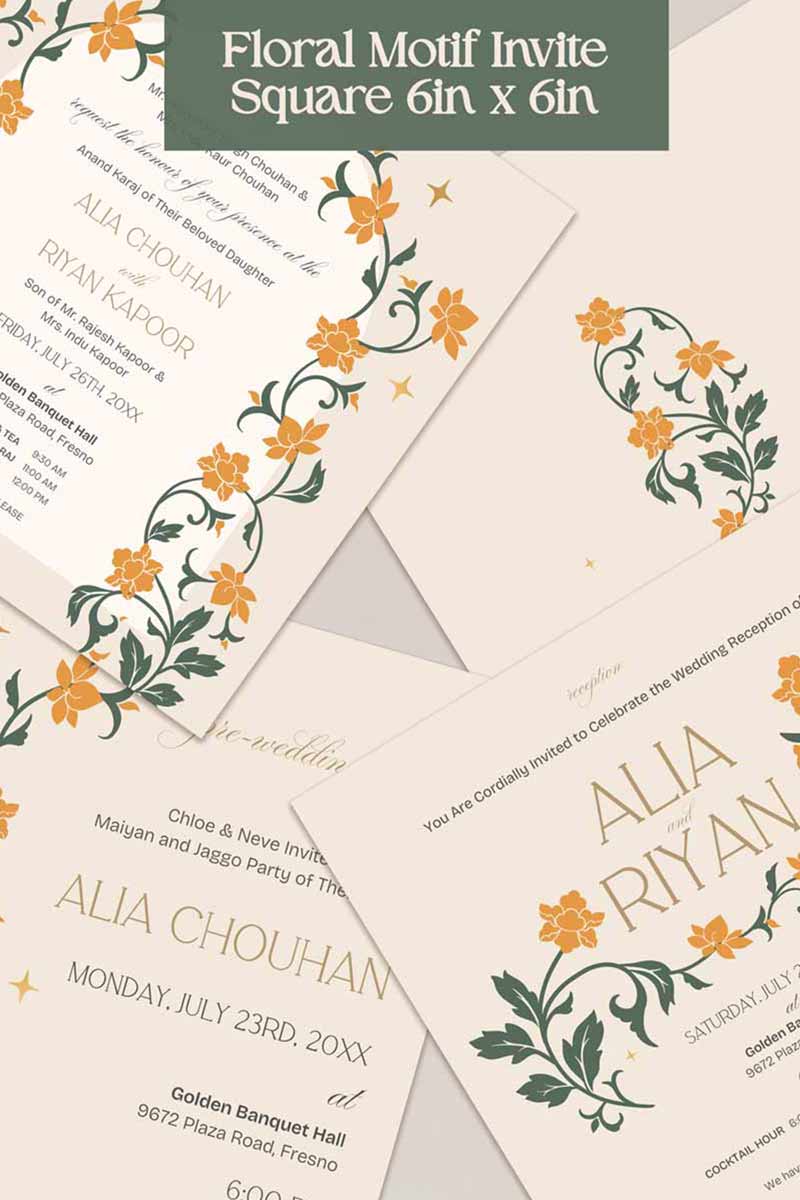 Floral Wedding Invitation Set in the shades of yellow, green, and beige. With orange marigold floral. Arched Design. Indian Wedding Invitation Set. Personalize and customize in Canva. Print at any local printer around the World. Florals & Birds