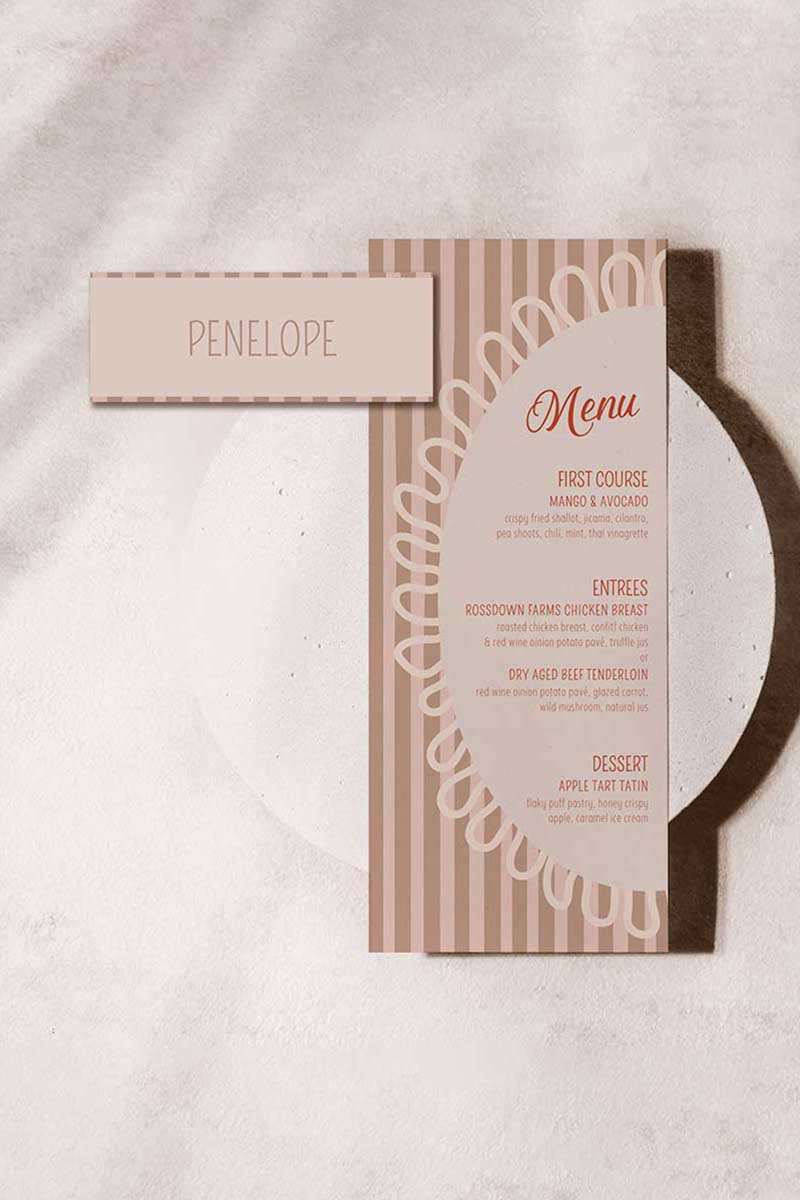 Striped name place card. Bridal shower dinner card. brown & beige. Celebration events for, birthday, baby shower or weddings. Wedding & event stationery. Personalize & customize in Canva. Digital Download. Print around the world at a local print shop