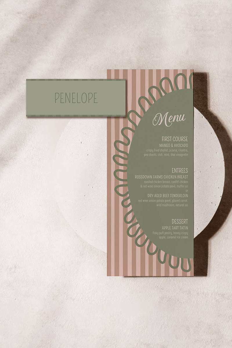 Striped name place card. Bridal shower dinner card. Green & beige. Celebration events for, birthday, baby shower or weddings. Wedding & event stationery. Personalize & customize in Canva. Digital Download. Print around the world at a local print shop