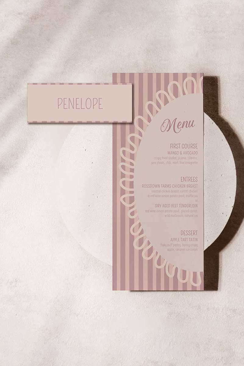 Striped name place card. Bridal shower dinner card. tan & pink. Celebration events for, birthday, baby shower or weddings. Wedding & event stationery. Personalize & customize in Canva. Digital Download. Print around the world at a local print shop