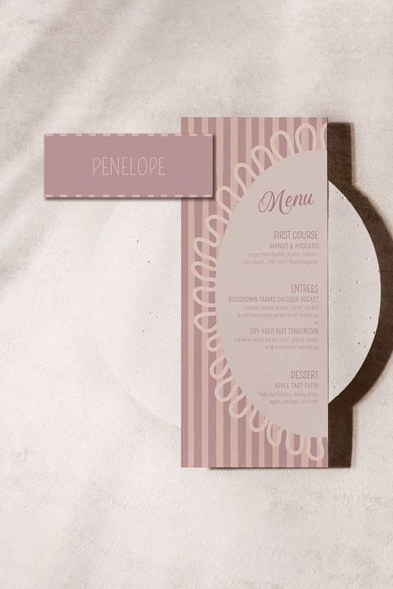 Striped name place card. Bridal shower dinner card. tan & pink. Celebration events for, birthday, baby shower or weddings. Wedding & event stationery. Personalize & customize in Canva. Digital Download. Print around the world at a local print shop