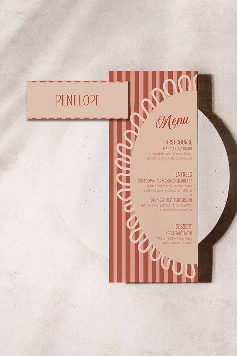 Striped name place card. Bridal shower dinner card. red & beige. Celebration events for, birthday, baby shower or weddings. Wedding & event stationery. Personalize & customize in Canva. Digital Download. Print around the world at a local print shop