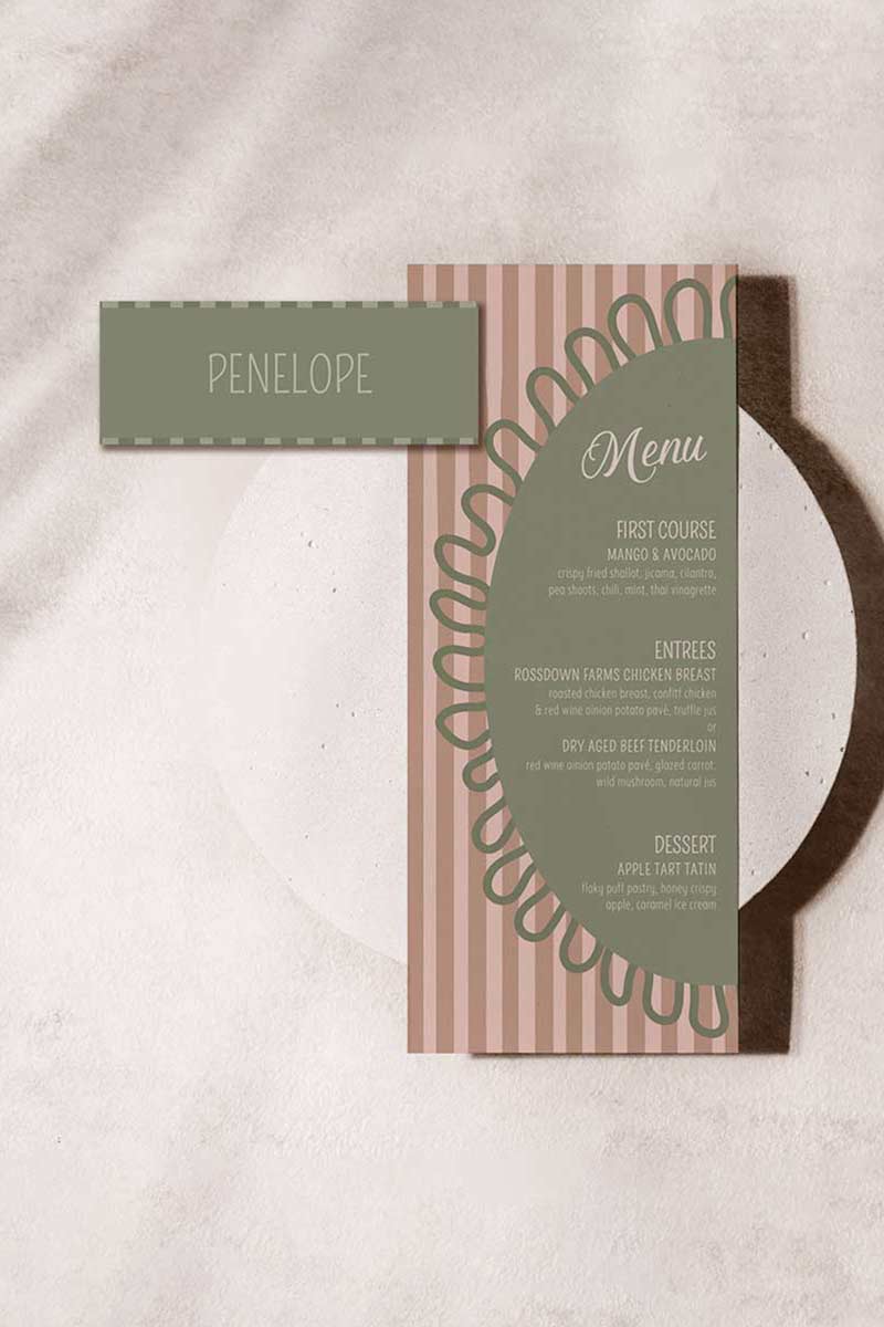Striped name place card. Bridal shower dinner card. Green & beige. Celebration events for, birthday, baby shower or weddings. Wedding & event stationery. Personalize & customize in Canva. Digital Download. Print around the world at a local print shop