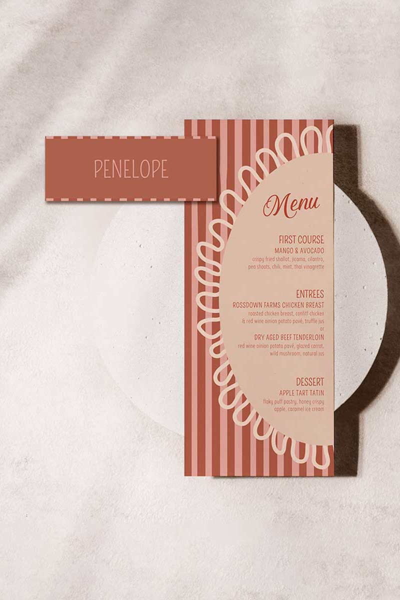 Striped name place card. Bridal shower dinner card. red & beige. Celebration events for, birthday, baby shower or weddings. Wedding & event stationery. Personalize & customize in Canva. Digital Download. Print around the world at a local print shop