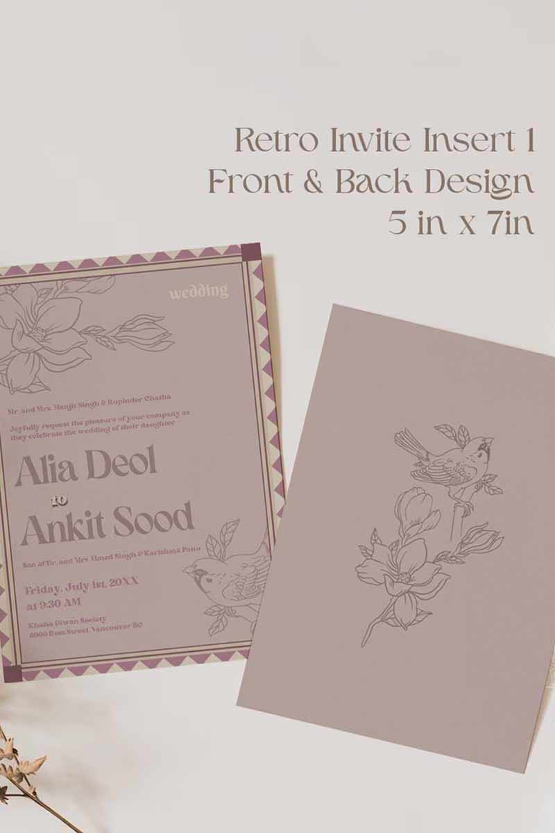 Retro Wedding Invitation Set in the shades of mehndi green, purple, wine purple, and beige. With pink marigold floral.Indian Wedding Invitation Set. Personalize and customize in Canva. Print at any local printer around the World. Florals & Birds