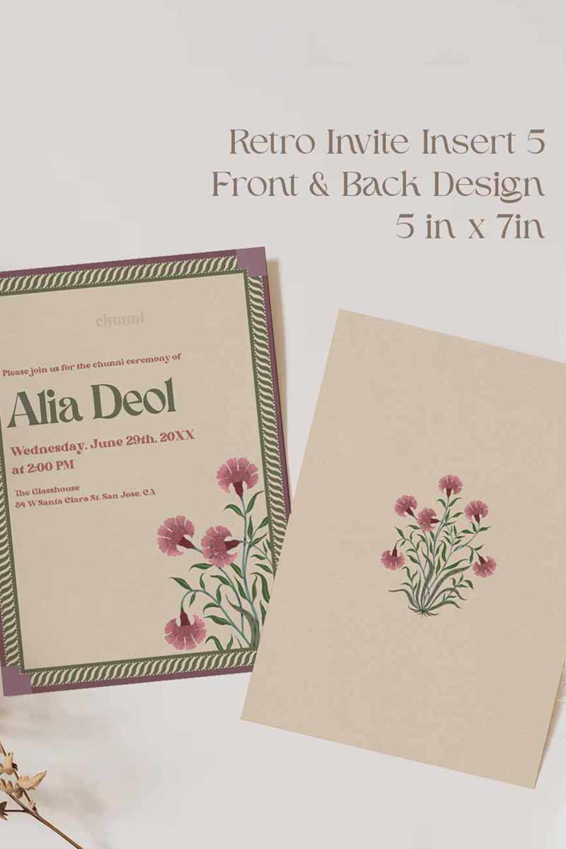 Retro Wedding Invitation Set in the shades of mehndi green, purple, wine purple, and beige. With pink marigold floral.Indian Wedding Invitation Set. Personalize and customize in Canva. Print at any local printer around the World. Florals & Birds