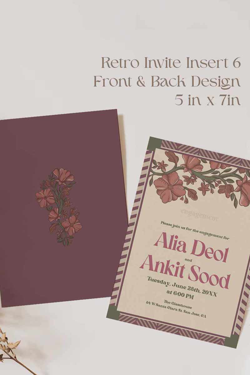 Retro Wedding Invitation Set in the shades of mehndi green, purple, wine purple, and beige. With pink marigold floral.Indian Wedding Invitation Set. Personalize and customize in Canva. Print at any local printer around the World. Florals & Birds