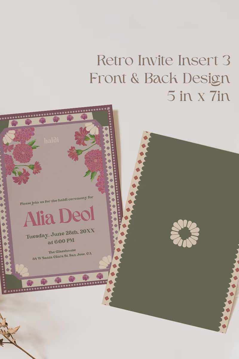 Retro Wedding Invitation Set in the shades of mehndi green, purple, wine purple, and beige. With pink marigold floral.Indian Wedding Invitation Set. Personalize and customize in Canva. Print at any local printer around the World. Florals & Birds