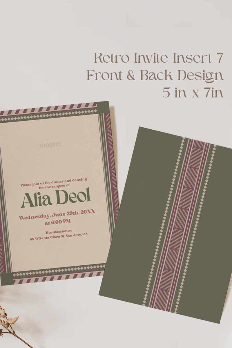 Retro Wedding Invitation Set in the shades of mehndi green, purple, wine purple, and beige. With pink marigold floral.Indian Wedding Invitation Set. Personalize and customize in Canva. Print at any local printer around the World. Florals & Birds