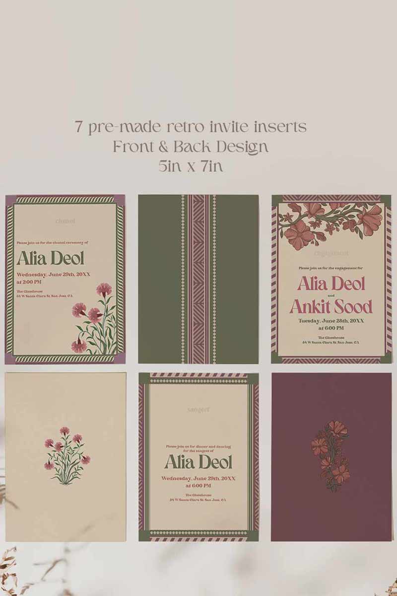 Retro Wedding Invitation Set in the shades of mehndi green, purple, wine purple, and beige. With pink marigold floral.Indian Wedding Invitation Set. Personalize and customize in Canva. Print at any local printer around the World. Florals & Birds