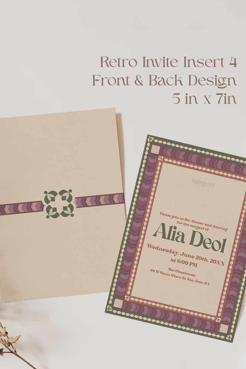 Retro Wedding Invitation Set in the shades of mehndi green, purple, wine purple, and beige. With pink marigold floral.Indian Wedding Invitation Set. Personalize and customize in Canva. Print at any local printer around the World. Florals & Birds