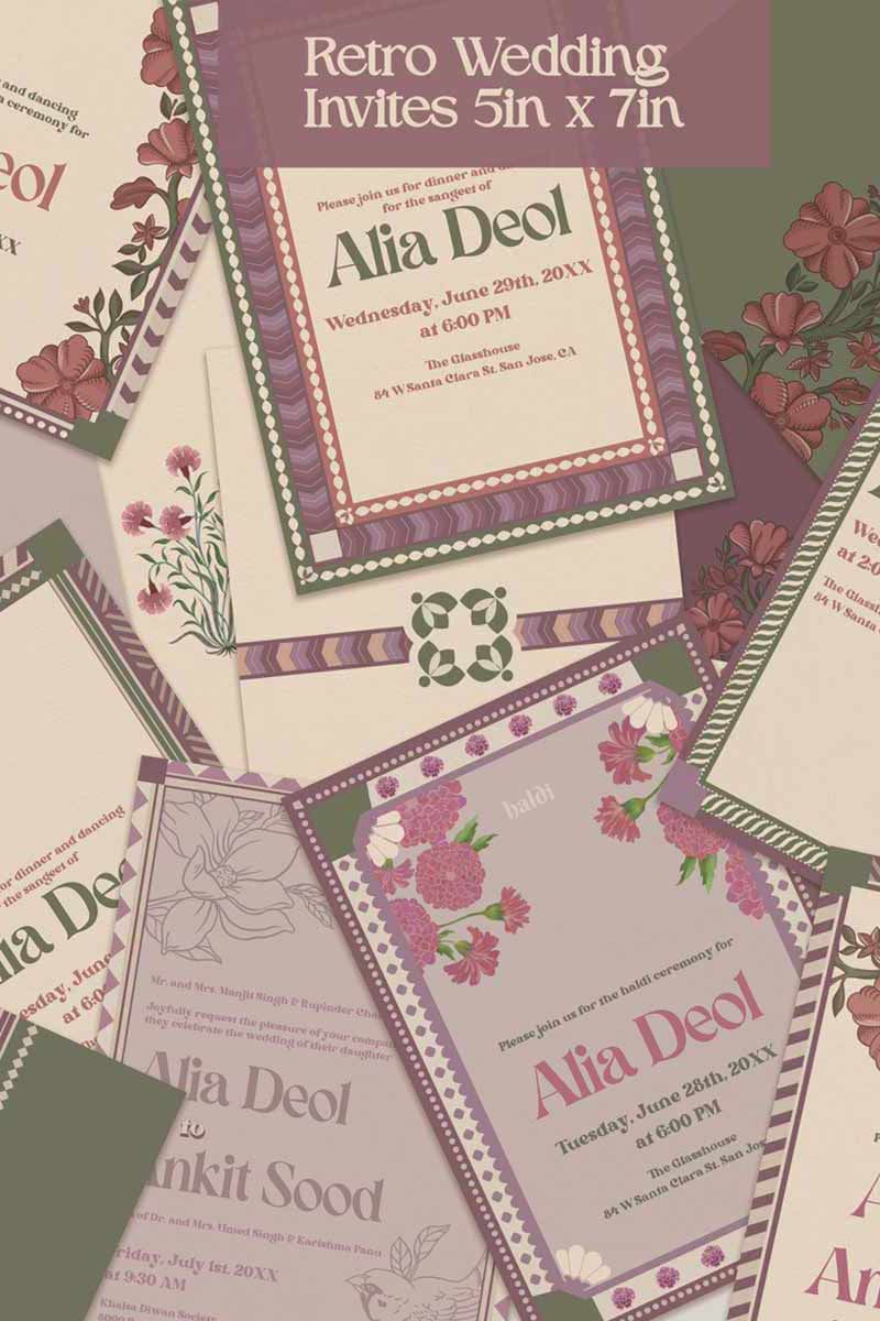 Retro Wedding Invitation Set in the shades of mehndi green, purple, wine purple, and beige. With pink marigold floral.Indian Wedding Invitation Set. Personalize and customize in Canva. Print at any local printer around the World. Florals & Birds