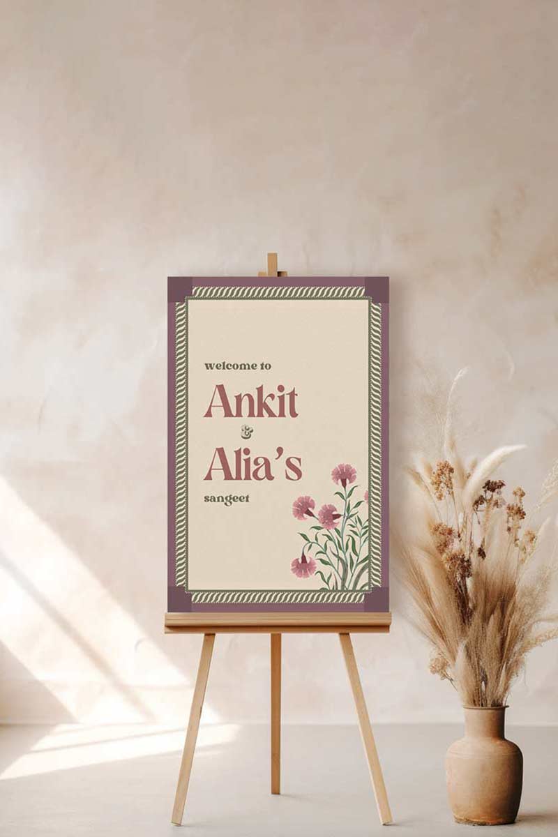 Retro Jaipur block print Welcome Sign with florals in the shades of purple, green, and beige. Indian Wedding Events like jago, sangeet, mehndi, haldi, chunni & maiyan. Personalize and customize in Canva. Print at any local printer around the World.