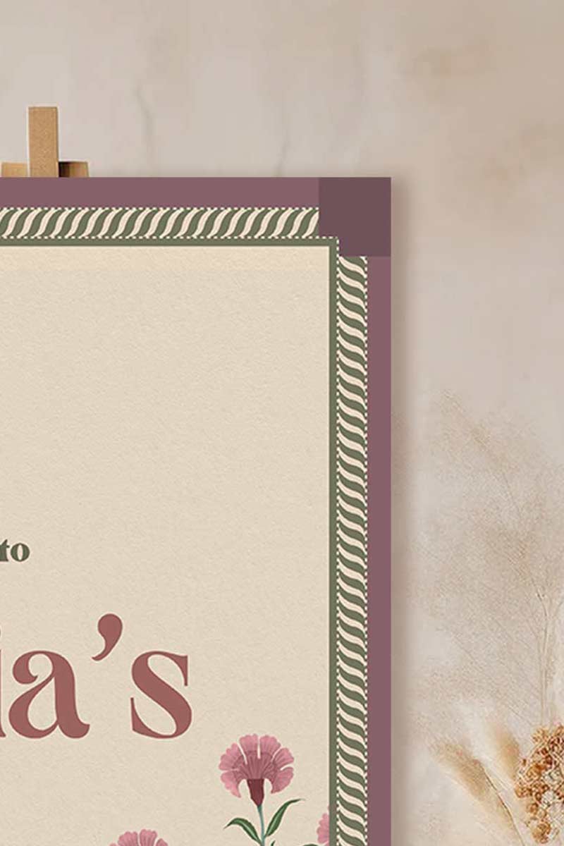 Retro Jaipur block print Welcome Sign with florals in the shades of purple, green, and beige. Indian Wedding Events like jago, sangeet, mehndi, haldi, chunni & maiyan. Personalize and customize in Canva. Print at any local printer around the World.