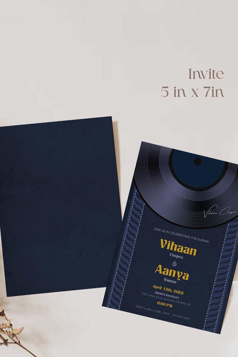 DJ vinyl record invitation. birthday invite. Wedding, engagement, bridal shower, baby shower stationery. Shades of blue & yellow. Wedding & event stationery. Personalize & customize in Canva. Digital Download. Print around the world at a local print shop