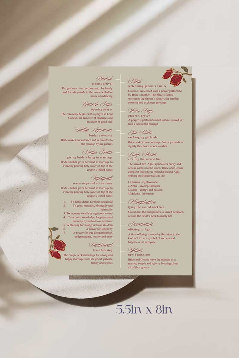 Rose Red & Gold Floral Wedding program card with a beige background. Wedding steps for hindu ceremony. Wedding program for sikh weddings. Wedding program steps ceremonies. Bridal Shower stationery. Baby Shower Signage. Personalize and customize in Canva. Digital Download. Print anywhere in the World at your local printer