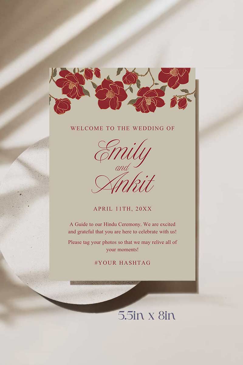 Rose Red & Gold Floral Wedding program card with a beige background. Wedding steps for hindu ceremony. Wedding program for sikh weddings. Wedding program steps ceremonies. Bridal Shower stationery. Baby Shower Signage. Personalize and customize in Canva. Digital Download. Print anywhere in the World at your local printer