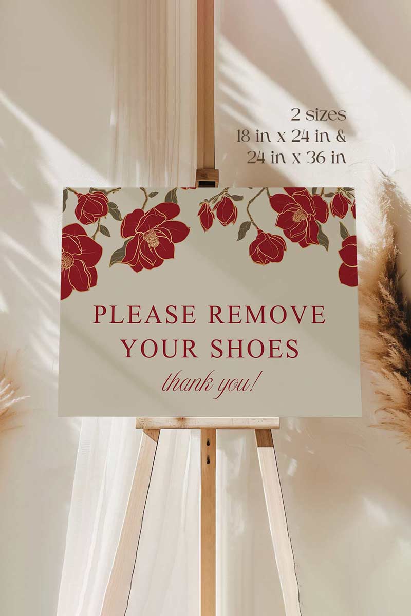 Rose Red & Gold Floral Wedding Signage with a beige background. Washroom Directional sign. Please cover your head sign for hindu and sikh weddings. Please disconnect from your device sign. Bridal Shower stationery. Baby Shower Signage. Engagement Signage. Outdoor wedding signage. Personalize and customize in Canva. Digital Download. Print anywhere in the World at your local printer