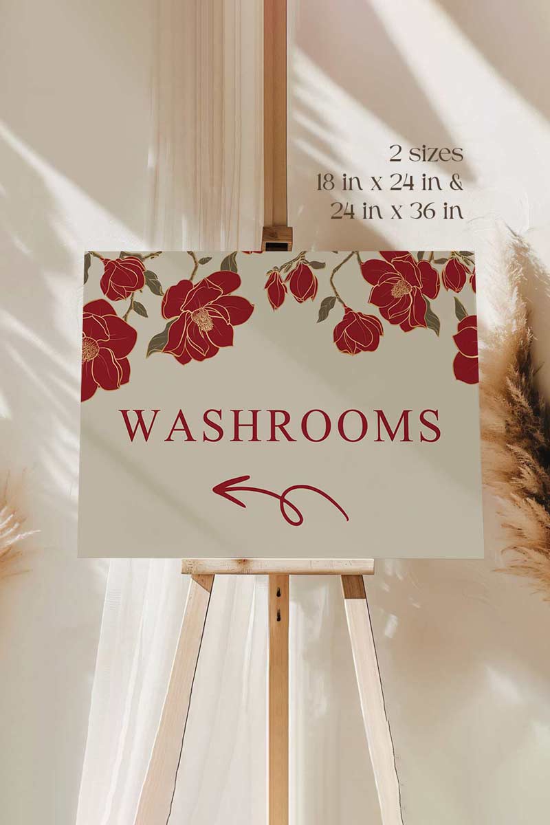 Rose Red & Gold Floral Wedding Signage with a beige background. Washroom Directional sign. Please cover your head sign for hindu and sikh weddings. Please disconnect from your device sign. Bridal Shower stationery. Baby Shower Signage. Engagement Signage. Outdoor wedding signage. Personalize and customize in Canva. Digital Download. Print anywhere in the World at your local printer