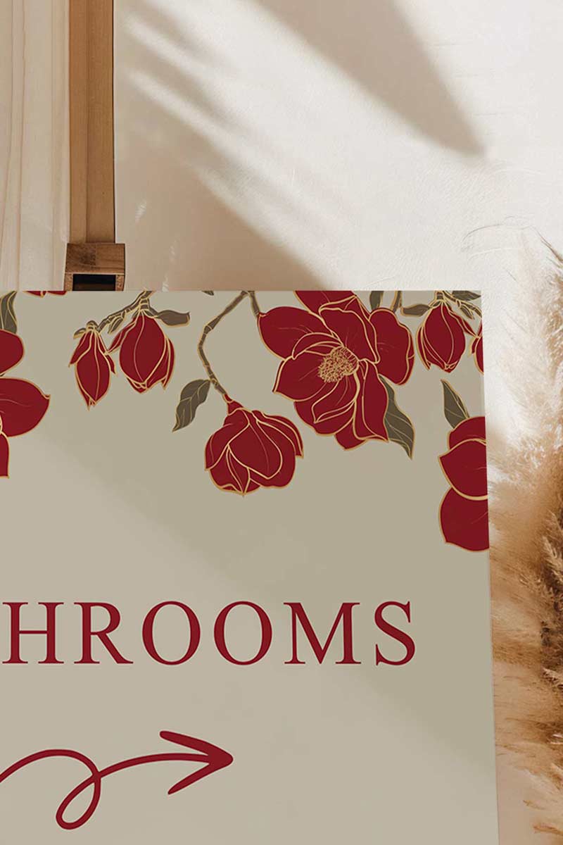 Rose Red & Gold Floral Wedding Signage with a beige background. Washroom Directional sign. Please cover your head sign for hindu and sikh weddings. Please disconnect from your device sign. Bridal Shower stationery. Baby Shower Signage. Engagement Signage. Outdoor wedding signage. Personalize and customize in Canva. Digital Download. Print anywhere in the World at your local printer