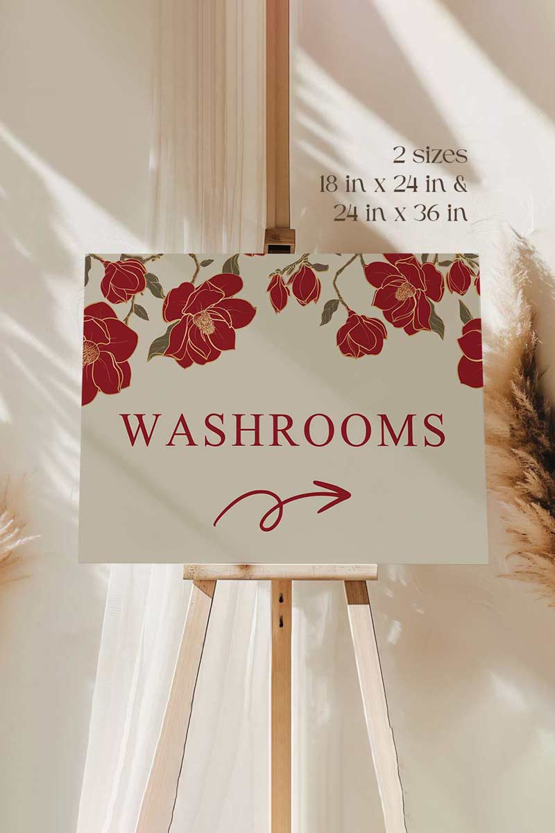 Rose Red & Gold Floral Wedding Signage with a beige background. Washroom Directional sign. Please cover your head sign for hindu and sikh weddings. Please disconnect from your device sign. Bridal Shower stationery. Baby Shower Signage. Engagement Signage. Outdoor wedding signage. Personalize and customize in Canva. Digital Download. Print anywhere in the World at your local printer