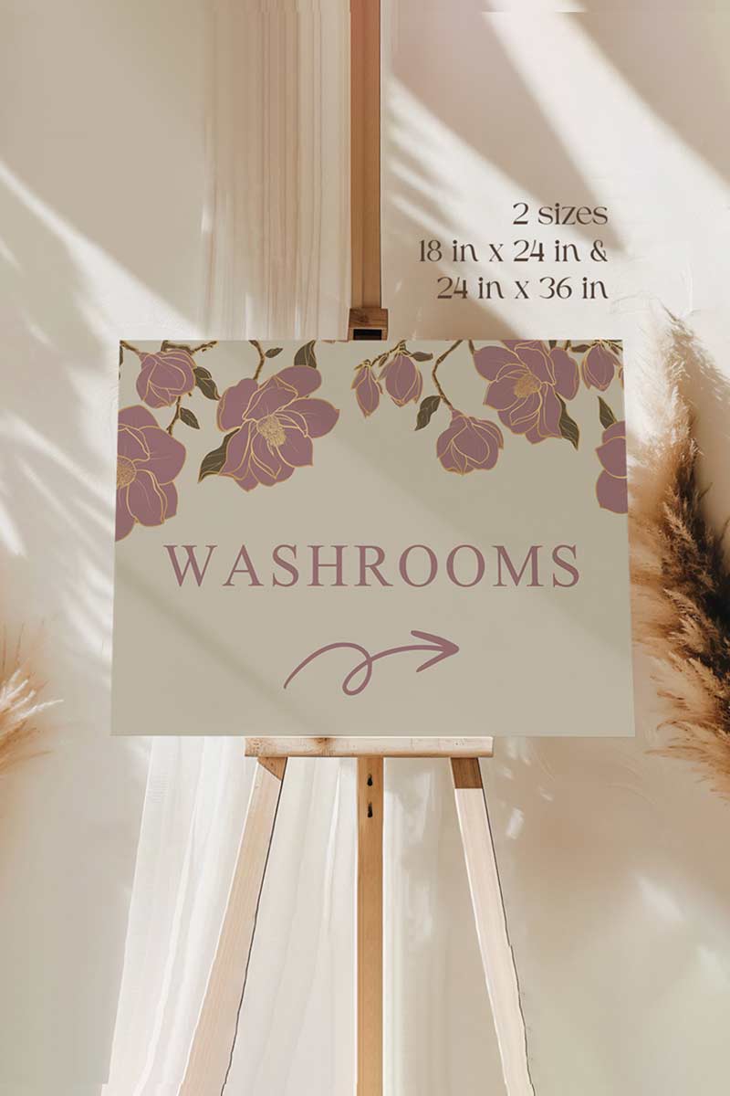Mauve & Gold Floral Wedding Signage with a beige background. Washroom Directional sign. Please cover your head sign for hindu and sikh weddings. Please disconnect from your device sign. Bridal Shower stationery. Baby Shower Signage. Engagement Signage. Outdoor wedding signage. Personalize and customize in Canva. Digital Download. Print anywhere in the World at your local printer