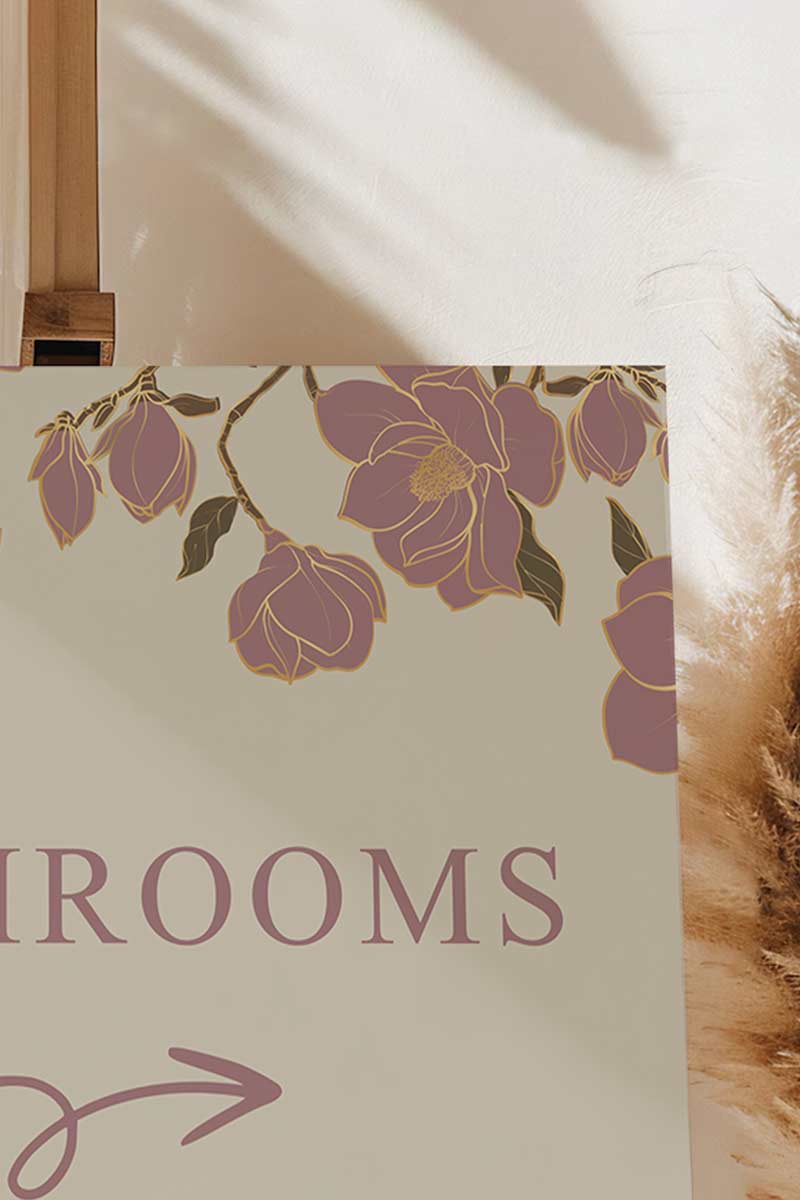 Mauve & Gold Floral Wedding Signage with a beige background. Washroom Directional sign. Please cover your head sign for hindu and sikh weddings. Please disconnect from your device sign. Bridal Shower stationery. Baby Shower Signage. Engagement Signage. Outdoor wedding signage. Personalize and customize in Canva. Digital Download. Print anywhere in the World at your local printer