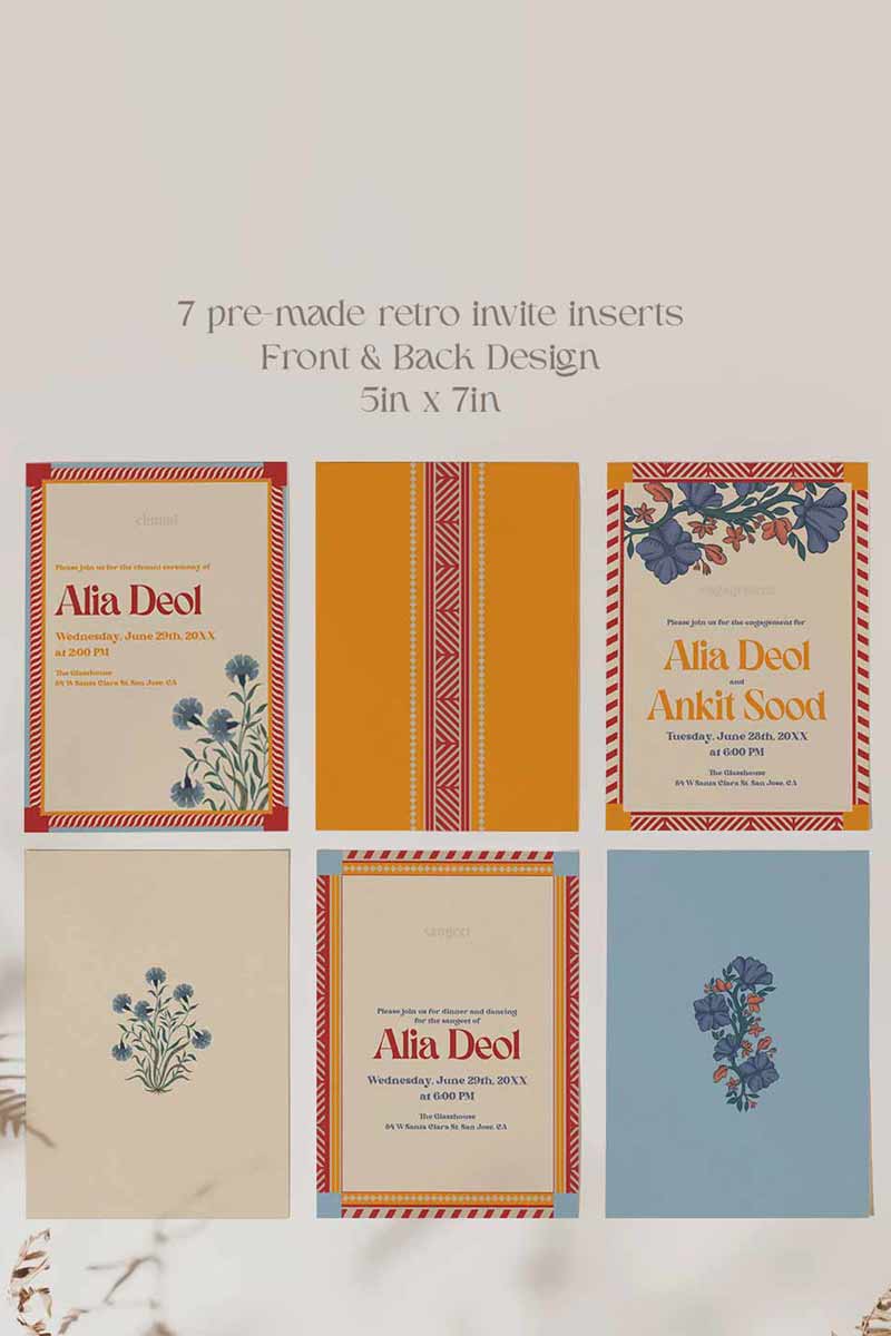 Retro Wedding Invitation Set in the shades of blue, orange, red, beige and purple. With orange marigold floral. Jaipur block print artwork. It has line drawn florals and birds. Sized at 5 inches x 7 inches with front and back design options. Indian Wedding Invitation Set. Personalize and customize in Canva. Print at any local printer around the World. Florals & Birds