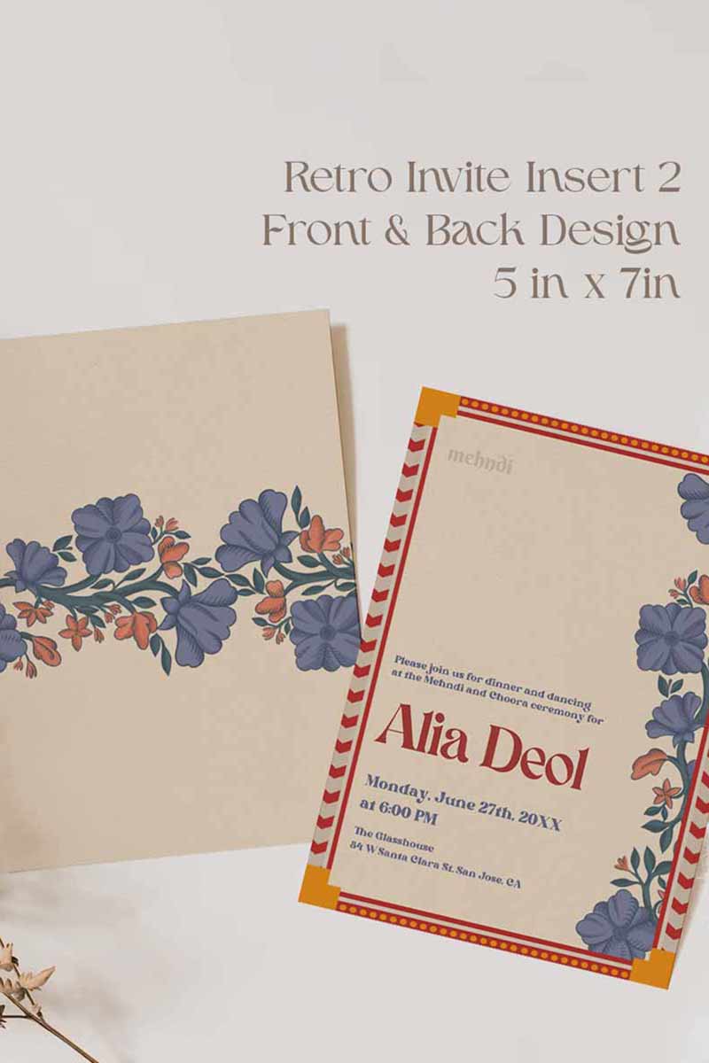 Retro Wedding Invitation Set in the shades of blue, orange, red, beige and purple. With orange marigold floral. Jaipur block print artwork. It has line drawn florals and birds. Sized at 5 inches x 7 inches with front and back design options. Indian Wedding Invitation Set. Personalize and customize in Canva. Print at any local printer around the World. Florals & Birds
