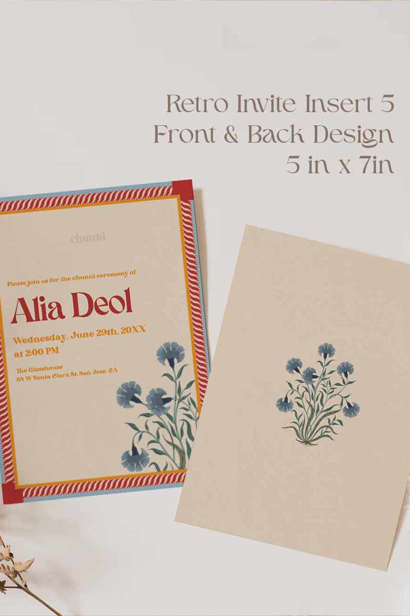 Retro Wedding Invitation Set in the shades of blue, orange, red, beige and purple. With orange marigold floral. Jaipur block print artwork. It has line drawn florals and birds. Sized at 5 inches x 7 inches with front and back design options. Indian Wedding Invitation Set. Personalize and customize in Canva. Print at any local printer around the World. Florals & Birds