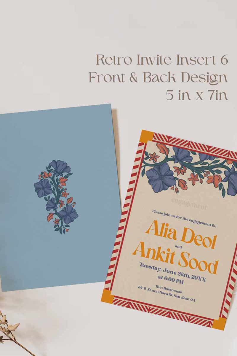 Retro Wedding Invitation Set in the shades of blue, orange, red, beige and purple. With orange marigold floral. Jaipur block print artwork. It has line drawn florals and birds. Sized at 5 inches x 7 inches with front and back design options. Indian Wedding Invitation Set. Personalize and customize in Canva. Print at any local printer around the World. Florals & Birds