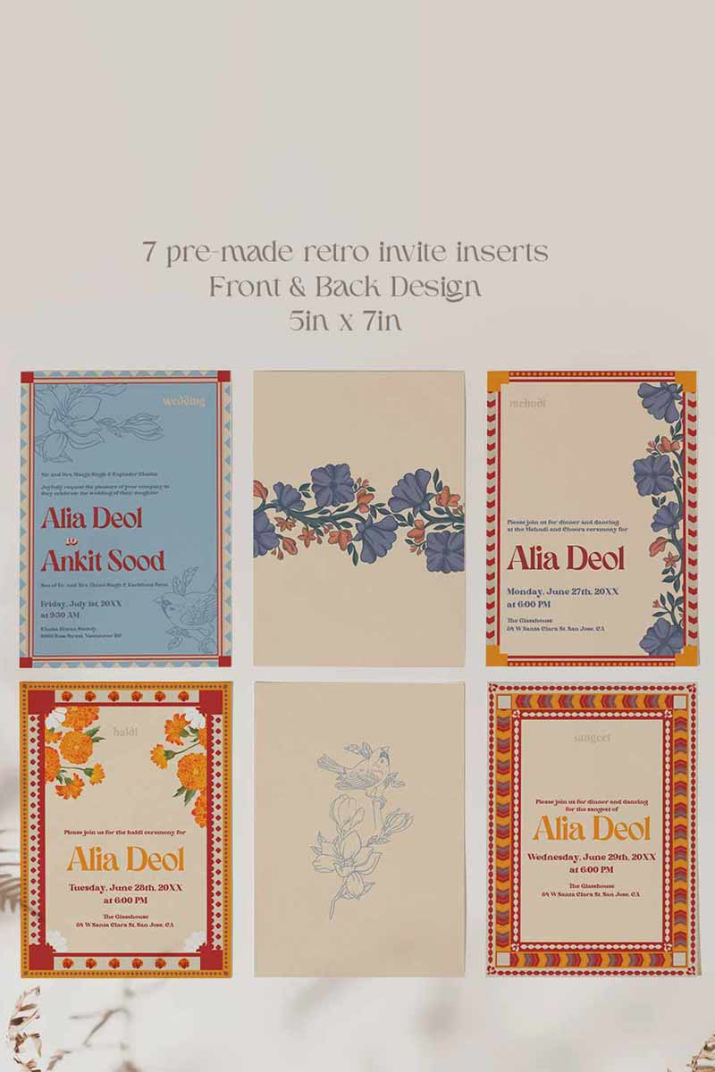 Retro Wedding Invitation Set in the shades of blue, orange, red, beige and purple. With orange marigold floral. Jaipur block print artwork. It has line drawn florals and birds. Sized at 5 inches x 7 inches with front and back design options. Indian Wedding Invitation Set. Personalize and customize in Canva. Print at any local printer around the World. Florals & Birds