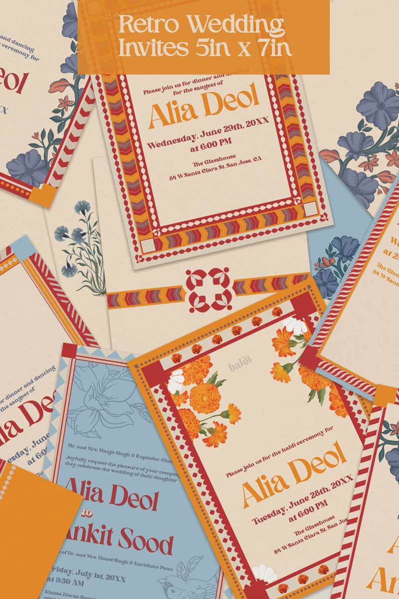 Retro Wedding Invitation Set in the shades of blue, orange, red, beige and purple. With orange marigold floral. Jaipur block print artwork. It has line drawn florals and birds. Sized at 5 inches x 7 inches with front and back design options. Indian Wedding Invitation Set. Personalize and customize in Canva. Print at any local printer around the World. Florals & Birds