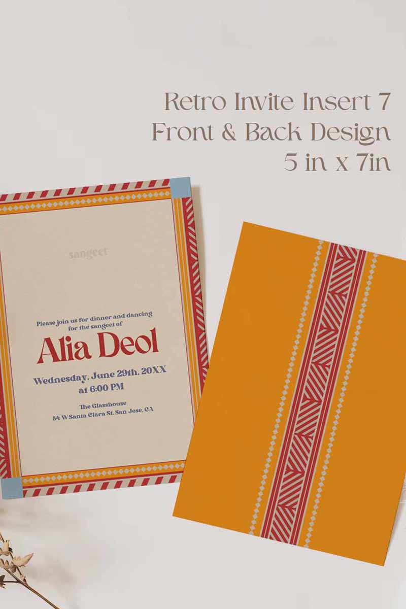 Retro Wedding Invitation Set in the shades of blue, orange, red, beige and purple. With orange marigold floral. Jaipur block print artwork. It has line drawn florals and birds. Sized at 5 inches x 7 inches with front and back design options. Indian Wedding Invitation Set. Personalize and customize in Canva. Print at any local printer around the World. Florals & Birds