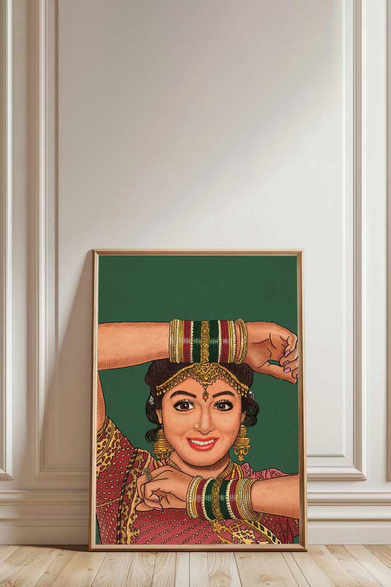Iconic Legend Sridevi poster, sridevi wall art, Bollywood actress, iconic actress sridevi, mere haathon mein naur naur churiyan hain poster. 90s movie classic Lamhe. Iconic song by Lata Mangeshkar. Sridevi dancing poster. Wall Art, Home Decor, Office Decor. Retro wall art poster. Iconic. Digital wall art