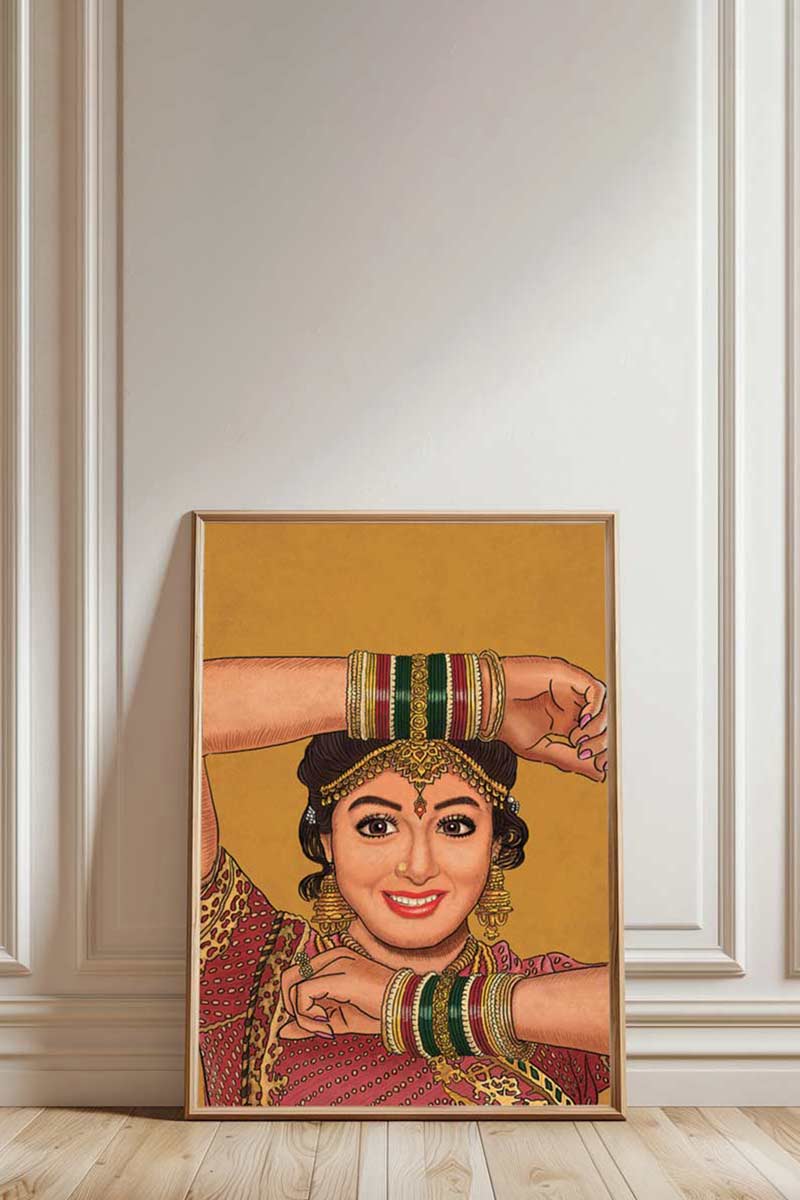 Iconic Legend Sridevi poster, sridevi wall art, Bollywood actress, iconic actress sridevi, mere haathon mein naur naur churiyan hain poster. 90s movie classic Lamhe. Iconic song by Lata Mangeshkar. Sridevi dancing poster. Wall Art, Home Decor, Office Decor. Retro wall art poster. Iconic. Digital wall art