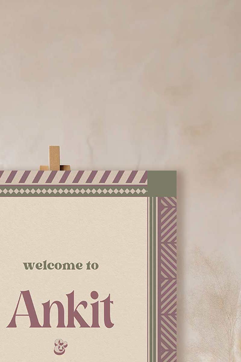 Retro Jaipur block print Welcome Sign with florals in the shades of purple, green, and beige. Chevron bordered design. Tribal prints. Indian Wedding Events like jago, sangeet, mehndi, haldi, chunni & maiyan. Personalize and customize in Canva. Print at any local printer around the World.