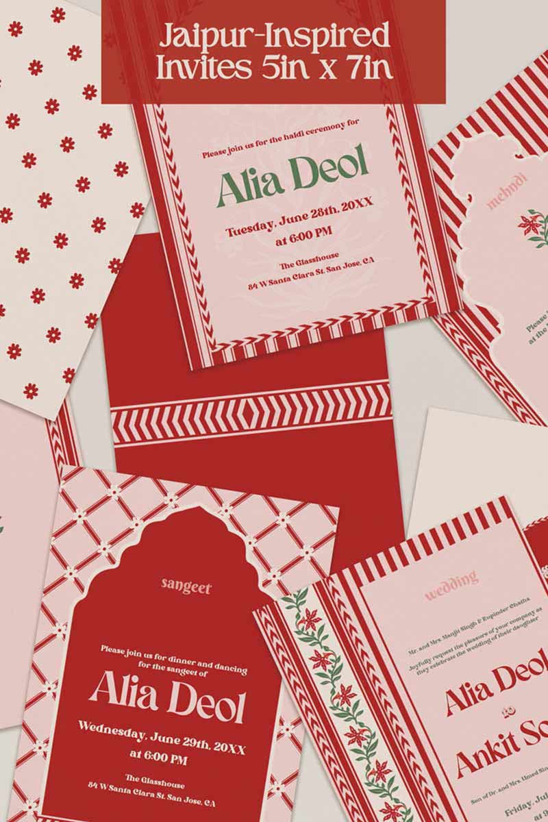 Jaipur-inspired Wedding Invitation Set in the shades of red, pink, green, and beige. With red florals. Jaipur block print artwork. It is inspired by the Villa Palladio in Jaipur. Sized at 5" x 7" with front and back design options. Indian Wedding Invitation Set. Personalize and customize in Canva. Print at any local printer around the World. Florals & Birds