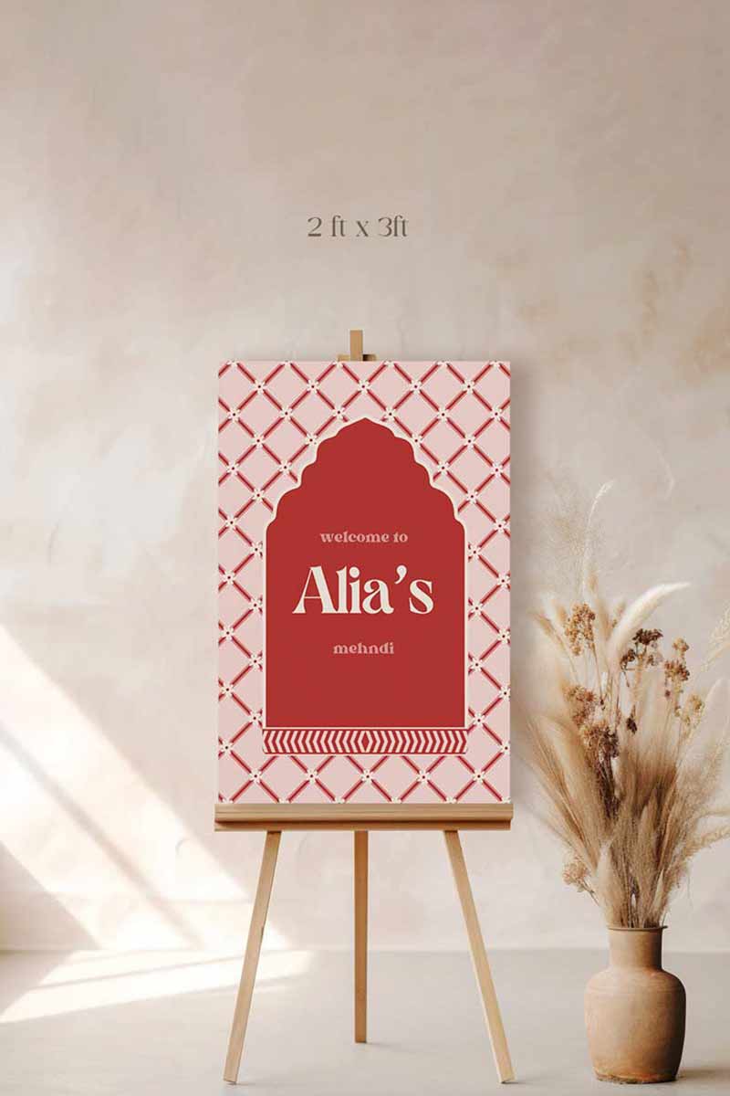 Jaipur floral block print Welcome Sign with arched stripes and chevron pattern in the shades of red, pink, and beige. Indian Wedding Events like jago, sangeet, mehndi, haldi, chunni & maiyan. Inspired by Villa Palladio Jaipur. Palace Arches. Traditional and modern indian design. Personalize and customize in Canva. Print at any local printer around the World.
