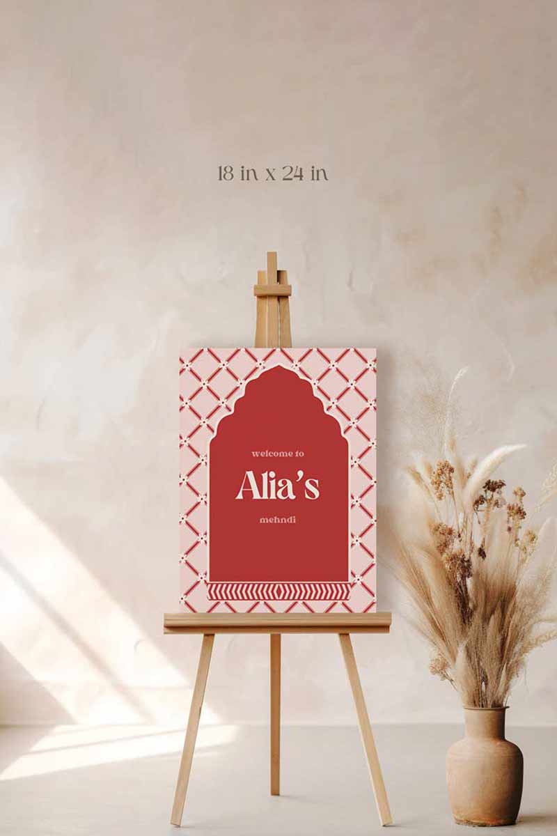 Jaipur floral block print Welcome Sign with arched stripes and chevron pattern in the shades of red, pink, and beige. Indian Wedding Events like jago, sangeet, mehndi, haldi, chunni & maiyan. Inspired by Villa Palladio Jaipur. Palace Arches. Traditional and modern indian design. Personalize and customize in Canva. Print at any local printer around the World.