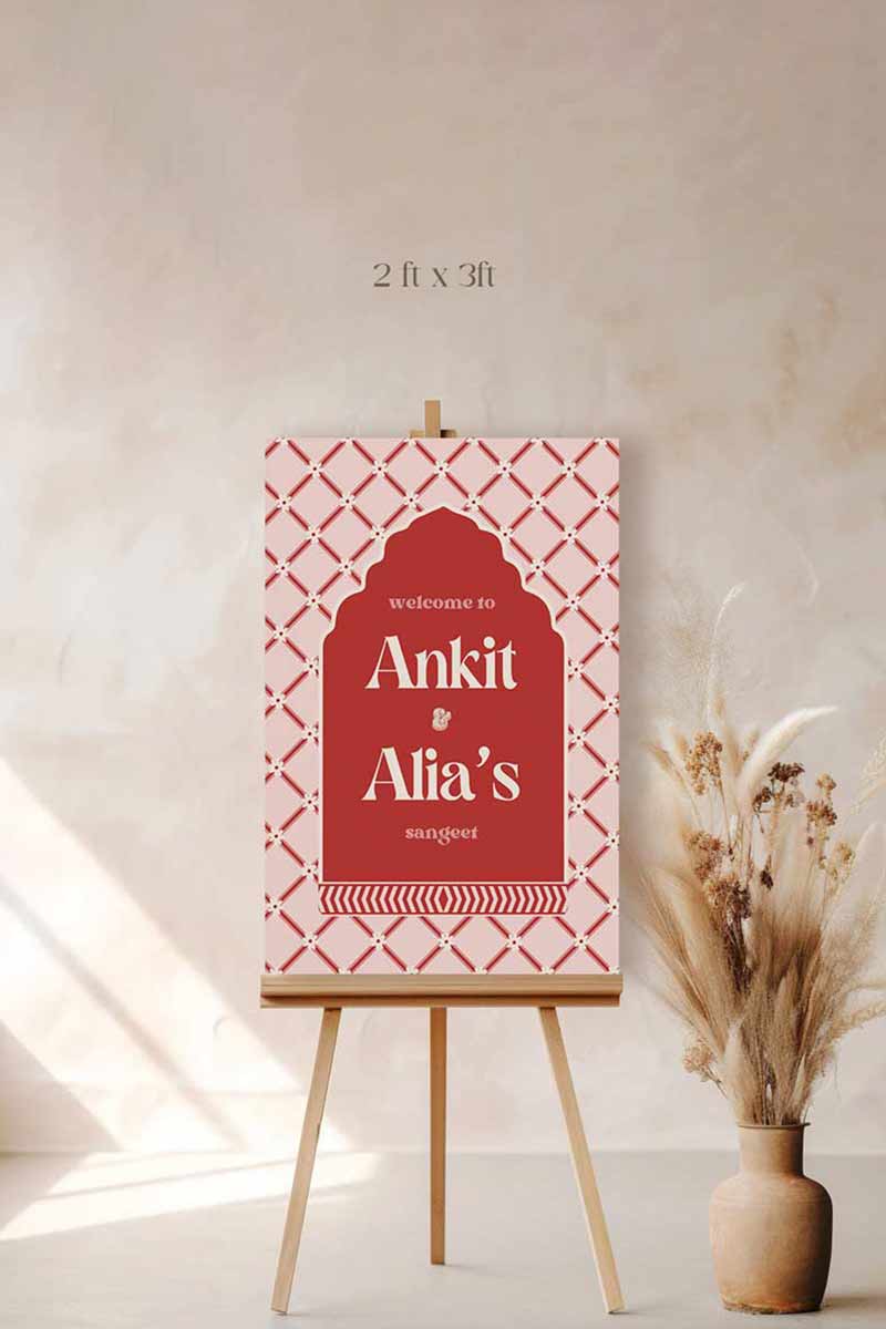 Jaipur floral block print Welcome Sign with arched stripes and chevron pattern in the shades of red, pink, and beige. Indian Wedding Events like jago, sangeet, mehndi, haldi, chunni & maiyan. Inspired by Villa Palladio Jaipur. Palace Arches. Traditional and modern indian design. Personalize and customize in Canva. Print at any local printer around the World.