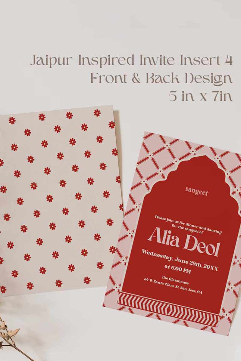 Jaipur-inspired Wedding Invitation Set in the shades of red, pink, green, and beige. With red florals. Jaipur block print artwork. It is inspired by the Villa Palladio in Jaipur. Sized at 5" x 7" with front and back design options. Indian Wedding Invitation Set. Personalize and customize in Canva. Print at any local printer around the World. Florals & Birds